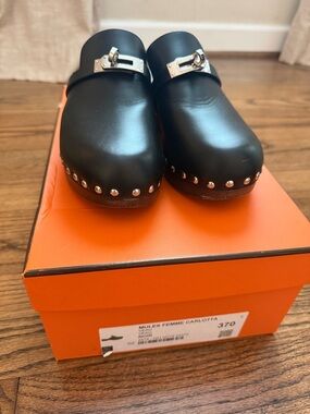Women's Black Studded Leather Clogs - Carlotta Style size 37